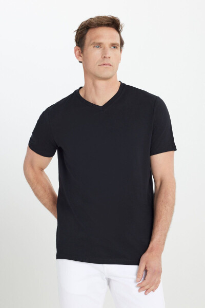 Men's 100% Cotton V-Neck Black Slim Fit Tight Cut T-Shirt - 3