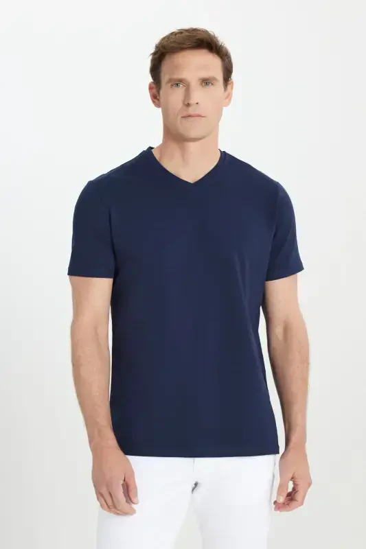 Men's 100% Cotton V-Neck Navy Slim Fit Narrow Cut T-Shirt-Navy - 1
