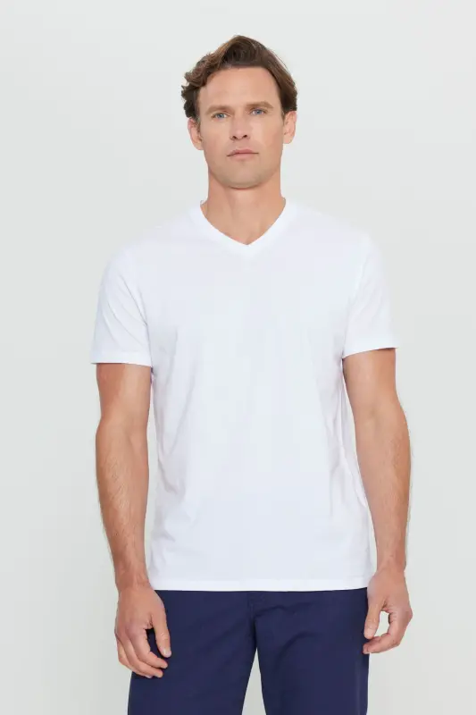 Men's 100% Cotton V-Neck White Slim Fit T-Shirt-White - 2