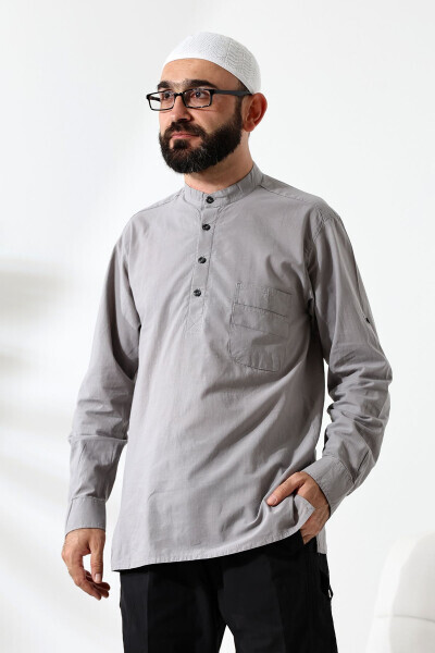 Men's 100% Cotton Veil Loose-Fit Clergy Collar Short Sleeve Grey Hajj Umrah Shirt - IHVAN ONLINE