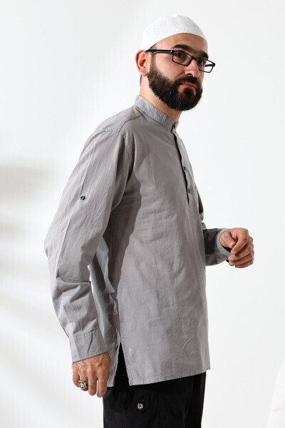 Men's 100% Cotton Veil Loose-Fit Clergy Collar Short Sleeve Grey Hajj Umrah Shirt - IHVAN ONLINE (1)