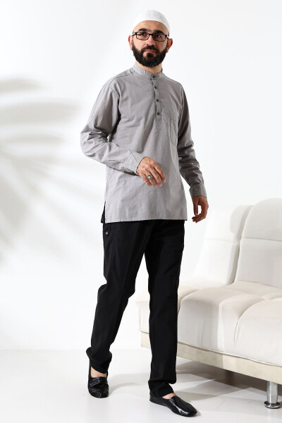 Men's 100% Cotton Veil Loose-Fit Clergy Collar Short Sleeve Grey Hajj Umrah Shirt - 3