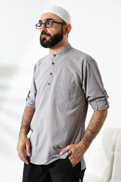 Men's 100% Cotton Veil Loose-Fit Clergy Collar Short Sleeve Grey Hajj Umrah Shirt - 6