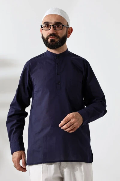 Men's 100% Cotton Voile Relaxed Fit Clerical Collar Half-buttoned Royal Blue Hajj Umrah Shirt - IHVAN ONLINE (1)
