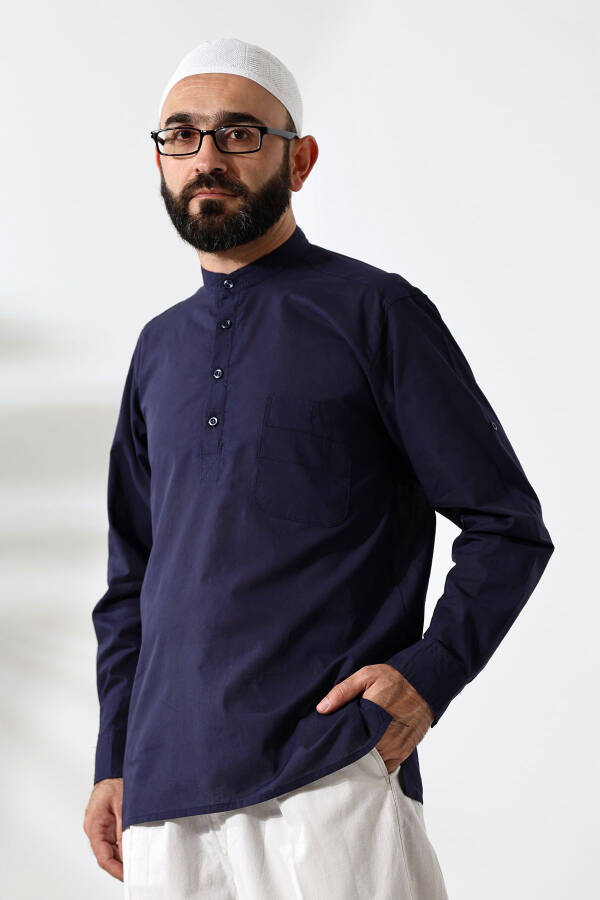 Men's 100% Cotton Voile Relaxed Fit Clerical Collar Half-buttoned Royal Blue Hajj Umrah Shirt - 1