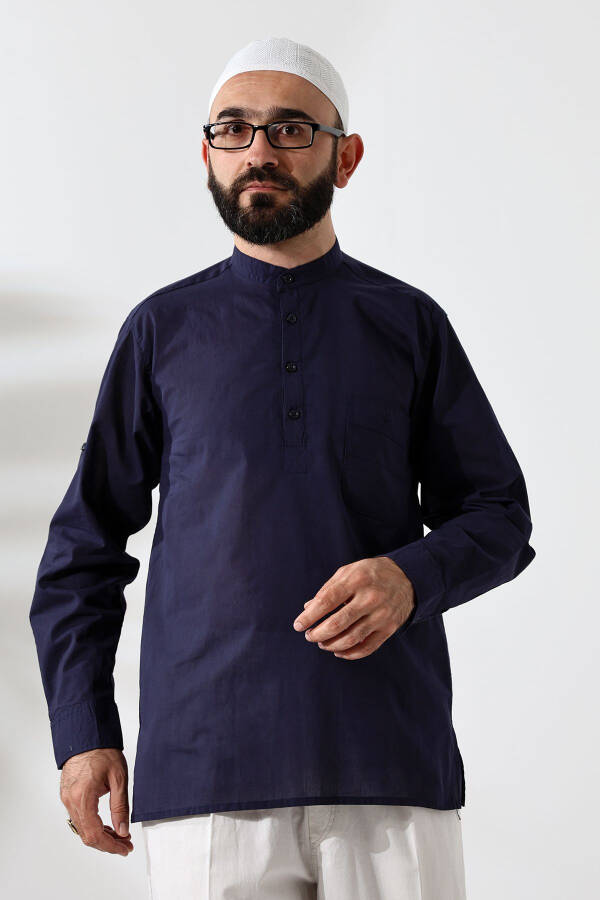 Men's 100% Cotton Voile Relaxed Fit Clerical Collar Half-buttoned Royal Blue Hajj Umrah Shirt - 2