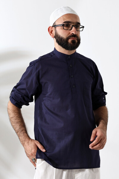 Men's 100% Cotton Voile Relaxed Fit Clerical Collar Half-buttoned Royal Blue Hajj Umrah Shirt - 6