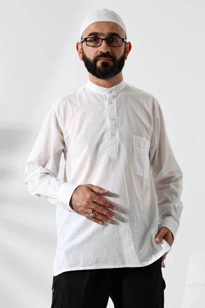 Men's 100% Cotton Voile Relaxed Fit Grandad Collar Half Button White Ihram Shirt - IHVAN ONLINE