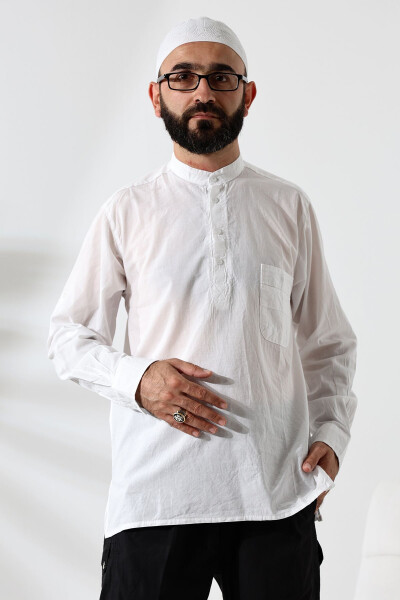 Men's 100% Cotton Voile Relaxed Fit Grandad Collar Half Button White Ihram Shirt - 1