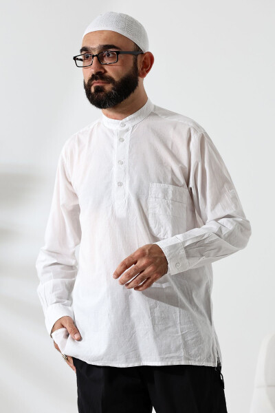 Men's 100% Cotton Voile Relaxed Fit Grandad Collar Half Button White Ihram Shirt - 2