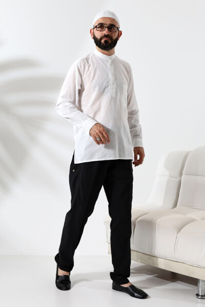 Men's 100% Cotton Voile Relaxed Fit Grandad Collar Half Button White Ihram Shirt - 3