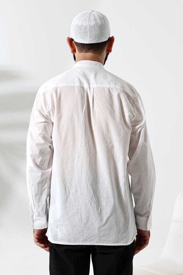 Men's 100% Cotton Voile Relaxed Fit Grandad Collar Half Button White Ihram Shirt - 5