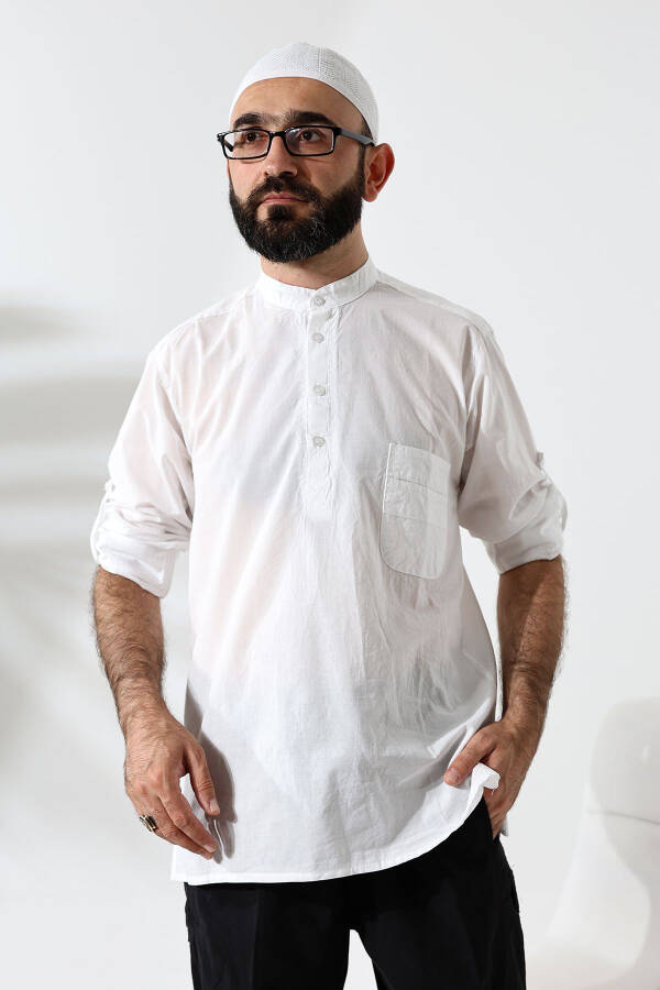 Men's 100% Cotton Voile Relaxed Fit Grandad Collar Half Button White Ihram Shirt - 7