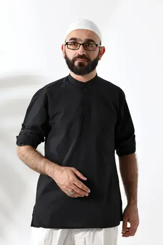 Men's 100% Cotton Voile Relaxed Fit Mandarin Collar Half Placket Black Hajj Umrah Shirt-Black - 1