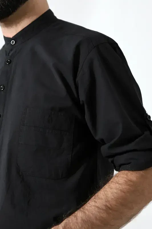 Men's 100% Cotton Voile Relaxed Fit Mandarin Collar Half Placket Black Hajj Umrah Shirt-Black - 2