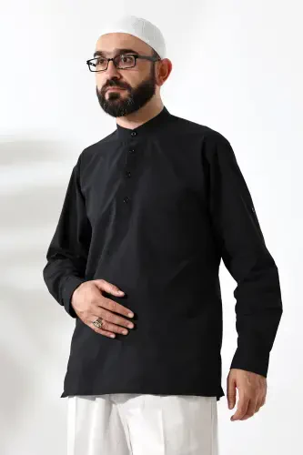 Men's 100% Cotton Voile Relaxed Fit Mandarin Collar Half Placket Black Hajj Umrah Shirt-Black - 3