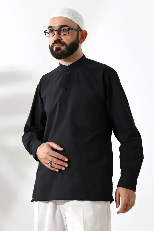 Men's 100% Cotton Voile Relaxed Fit Mandarin Collar Half Placket Black Hajj Umrah Shirt-Black - 3