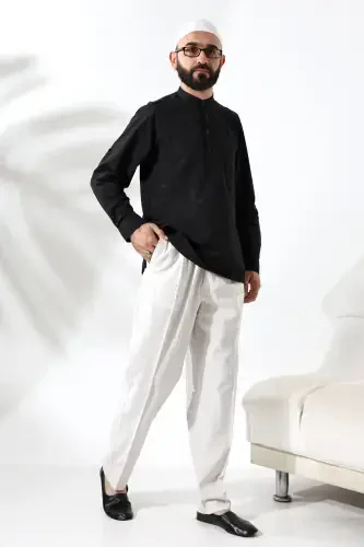 Men's 100% Cotton Voile Relaxed Fit Mandarin Collar Half Placket Black Hajj Umrah Shirt-Black - 4