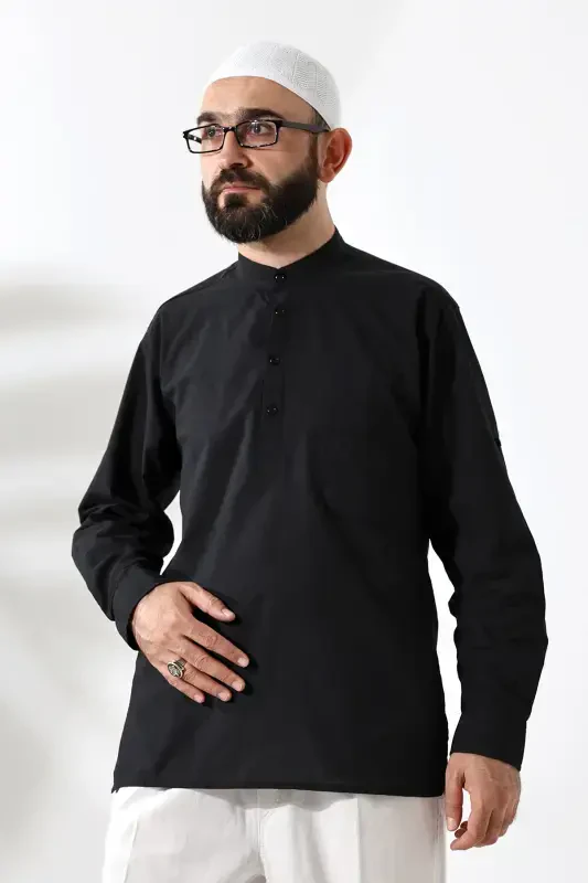 Men's 100% Cotton Voile Relaxed Fit Mandarin Collar Half Placket Black Hajj Umrah Shirt-Black - 5