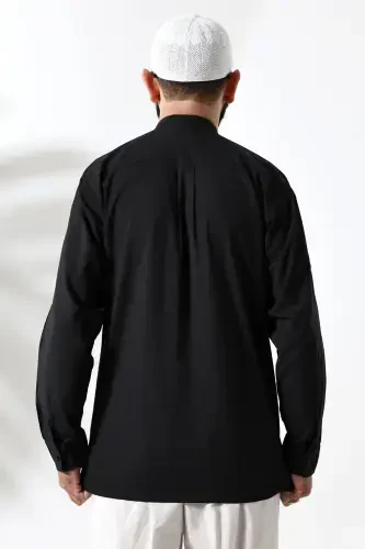 Men's 100% Cotton Voile Relaxed Fit Mandarin Collar Half Placket Black Hajj Umrah Shirt-Black - 6