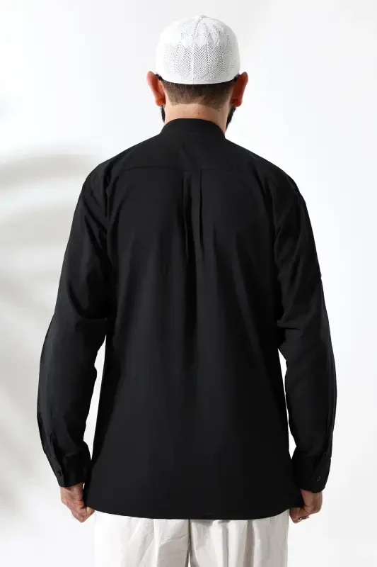 Men's 100% Cotton Voile Relaxed Fit Mandarin Collar Half Placket Black Hajj Umrah Shirt-Black - 6