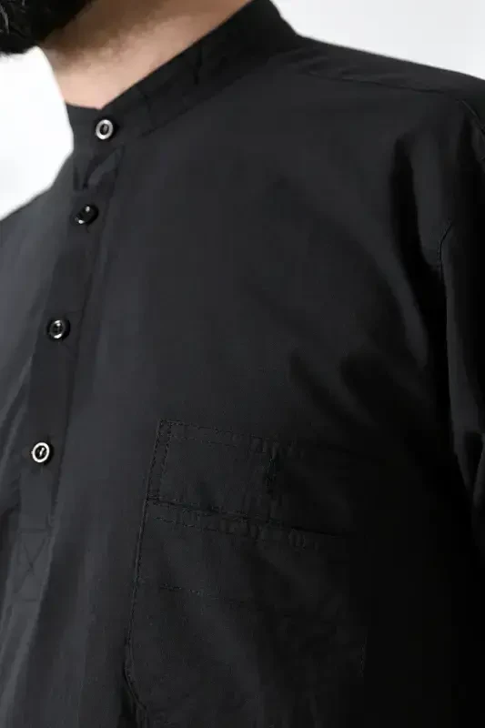 Men's 100% Cotton Voile Relaxed Fit Mandarin Collar Half Placket Black Hajj Umrah Shirt-Black - 7