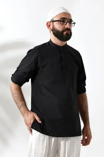 Men's 100% Cotton Voile Relaxed Fit Mandarin Collar Half Placket Black Hajj Umrah Shirt-Black - 8