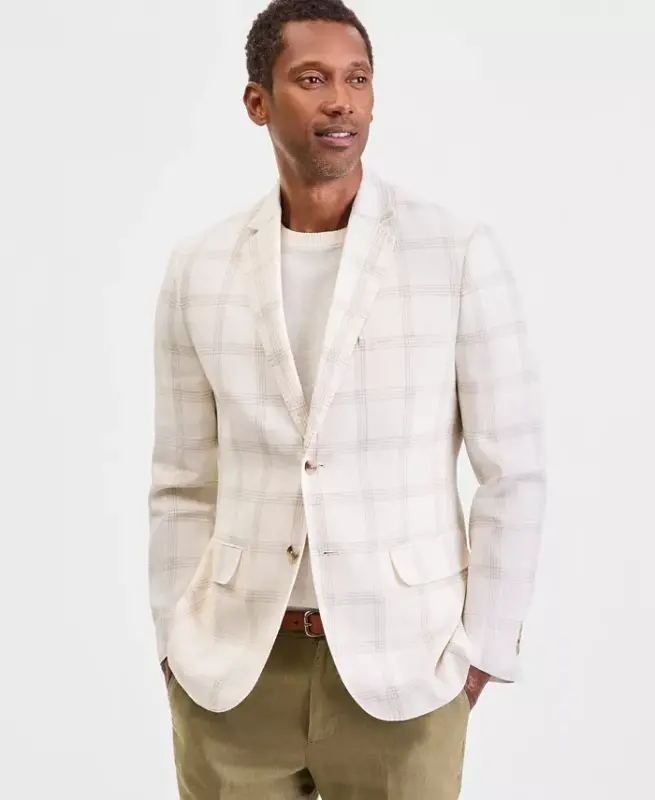 Men's 100% Linen Blazer, Created for Modazone - Supply Plaid Yd - Winter Ivory - 1