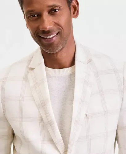 Men's 100% Linen Blazer, Created for Modazone - Supply Plaid Yd - Winter Ivory - CLUB ROOM (1)