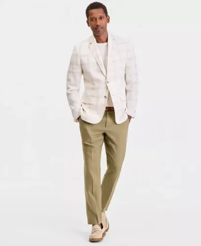 Men's 100% Linen Blazer, Created for Modazone - Supply Plaid Yd - Winter Ivory - 5