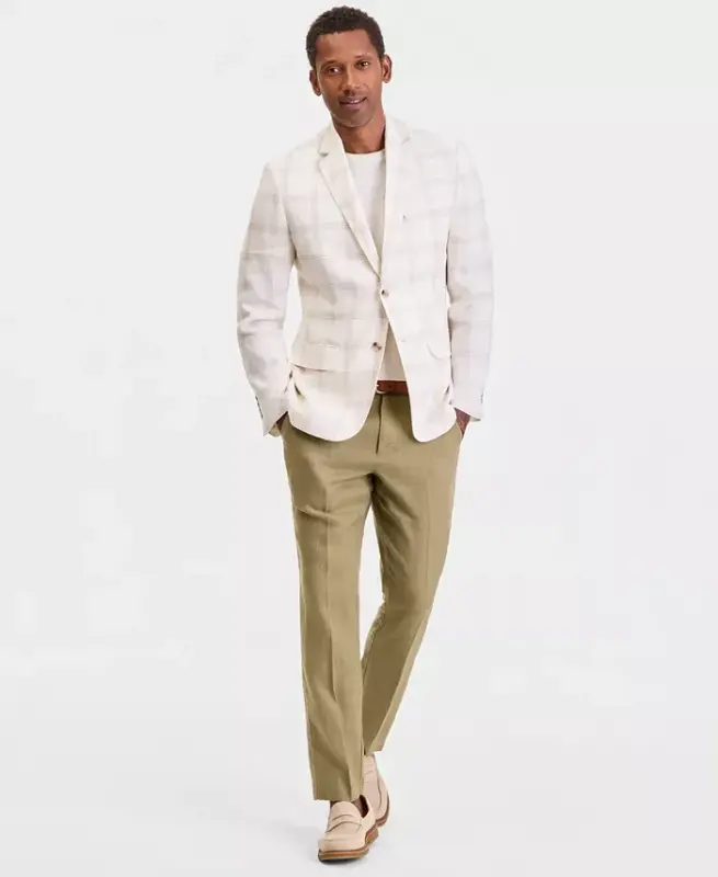 Men's 100% Linen Blazer, Created for Modazone - Supply Plaid Yd - Winter Ivory - 5