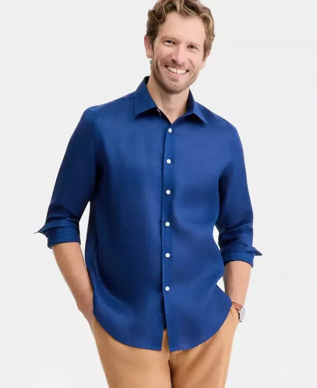 Men's 100% Linen Shirt, Created for Modazone - Blazing Navy - CLUB ROOM