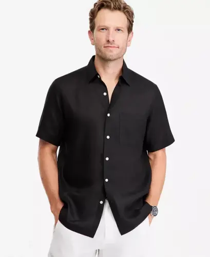 Men's 100% Linen Shirt, Created for Modazone - Deep Black - 1