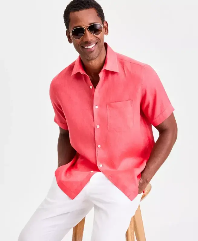 Men's 100% Linen Shirt, Created for Modazone - Grapefruit - 2