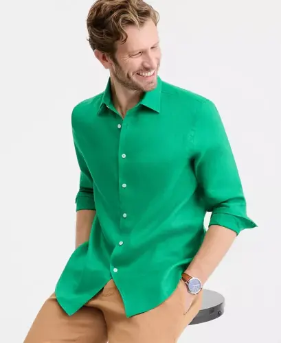 Men's 100% Linen Shirt, Created for Modazone - Kelly Green - 1