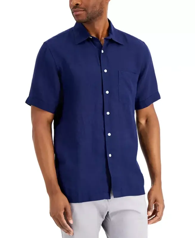 Men's 100% Linen Shirt, Created for Modazone - Navy Blue - CLUB ROOM