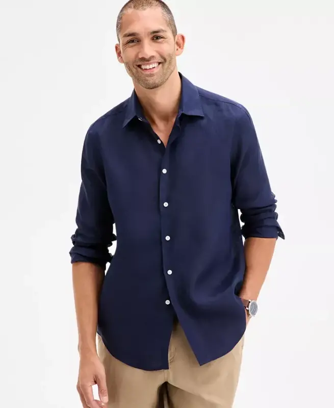 Men's 100% Linen Shirt, Created for Modazone - Navy Blue - 1