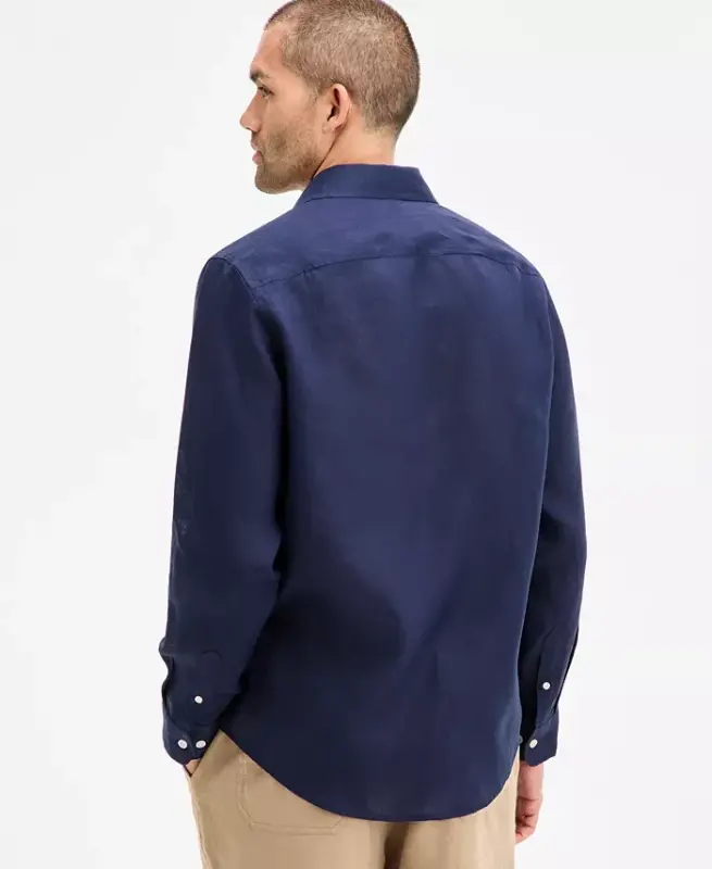 Men's 100% Linen Shirt, Created for Modazone - Navy Blue - 6