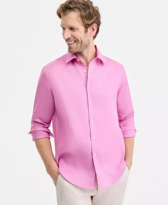 Men's 100% Linen Shirt, Created for Modazone - Pink Azalea - 3