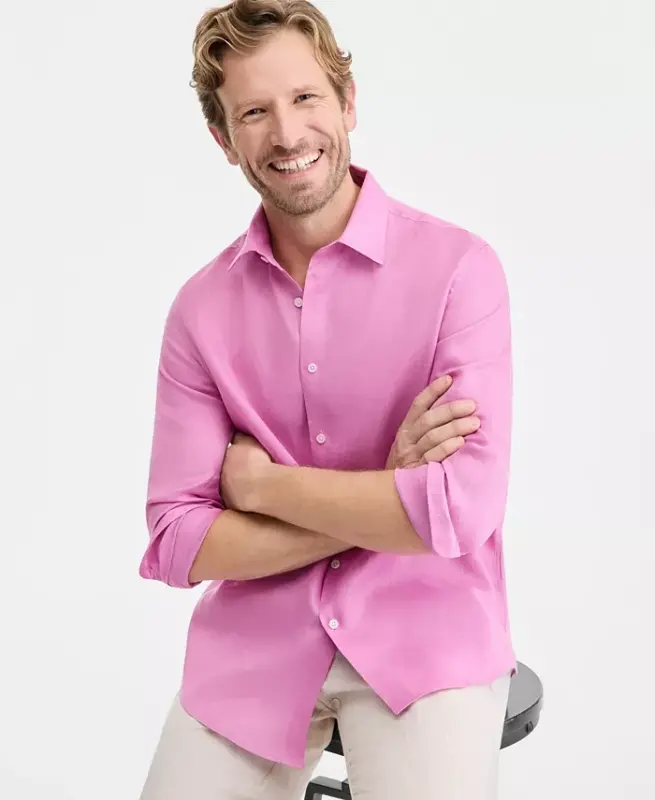 Men's 100% Linen Shirt, Created for Modazone - Pink Azalea - CLUB ROOM