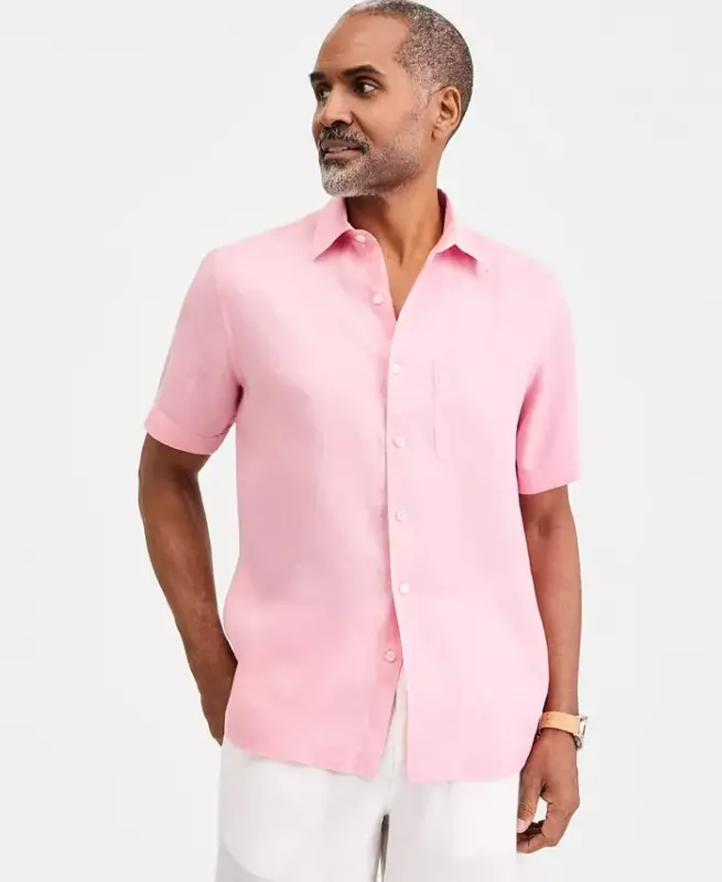 Men's 100% Linen Shirt, Created for Modazone - Pink Hydrangea - CLUB ROOM