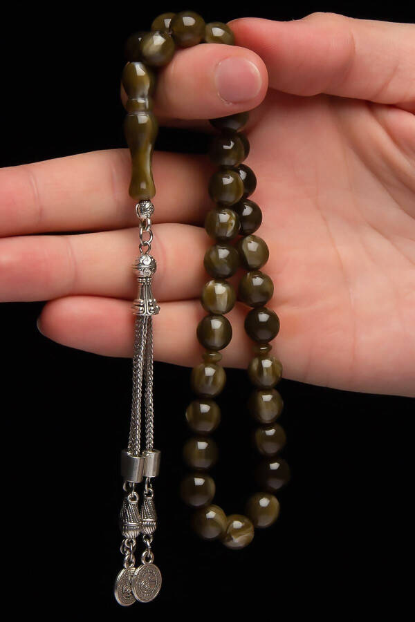 Men's 10mm Dark Green Streaked Pine Scented Beirut Amber Drop Rosary - 2