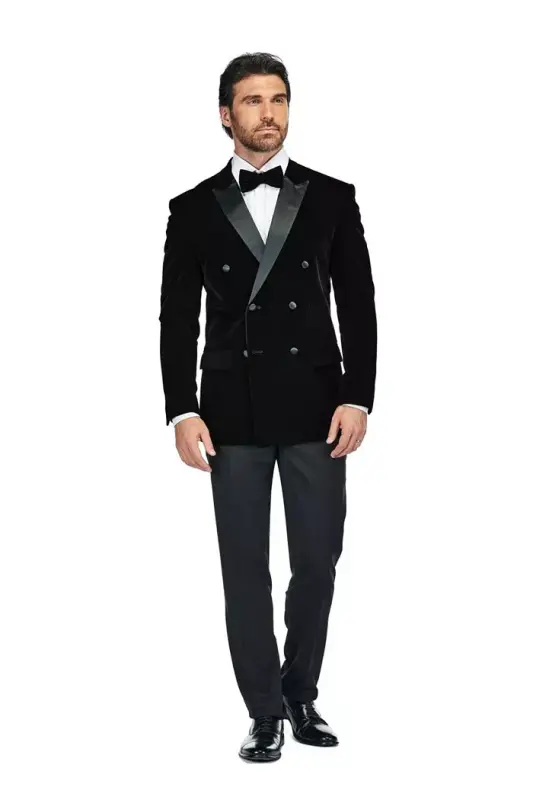 Men's 2 Piece Double Breasted Velvet Birdseye Lapel Slim Fit Tuxedo - 1
