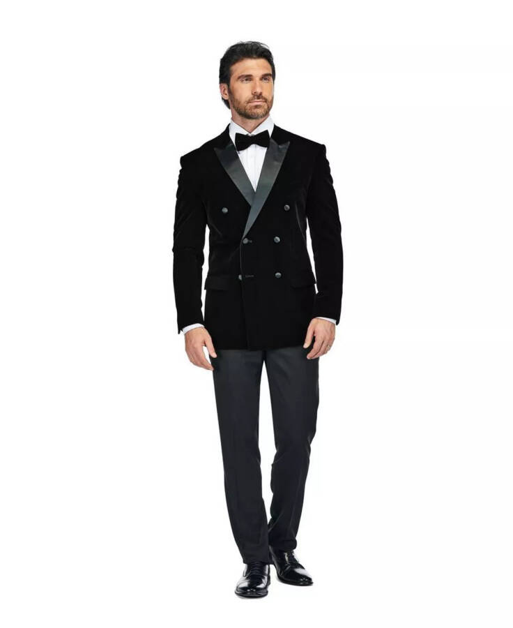 Men's 2 Piece Double Breasted Velvet Birdseye Lapel Slim Fit Tuxedo Black - 4