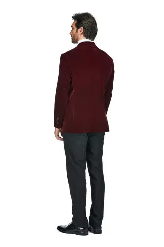 Men's 2 Piece Double Breasted Velvet Birdseye Lapel Slim Fit Tuxedo-Burgundy - 3
