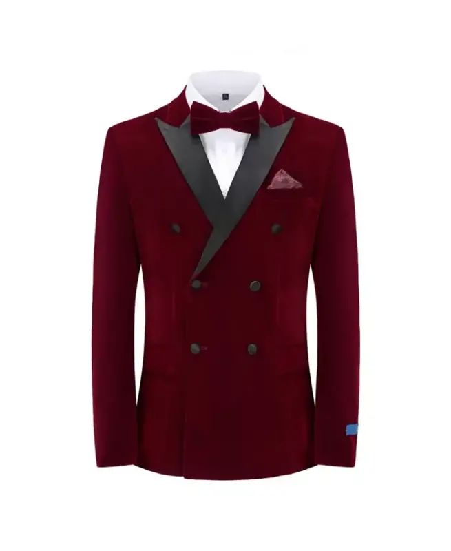 Men's 2 Piece Double Breasted Velvet Birdseye Lapel Slim Fit Tuxedo-Burgundy - 7