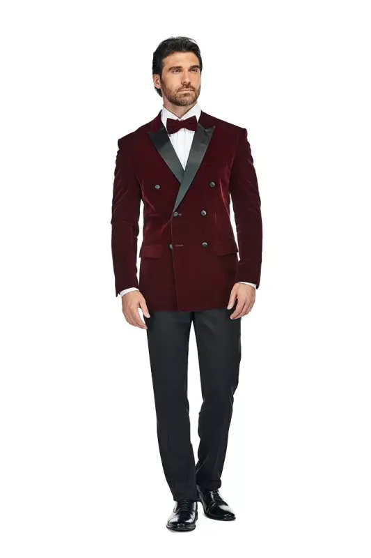 Men's 2 Piece Double Breasted Velvet Birdseye Lapel Slim Fit Tuxedo-Burgundy - GINO VITALE