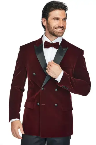Men's 2 Piece Double Breasted Velvet Birdseye Lapel Slim Fit Tuxedo-Burgundy - GINO VITALE (1)