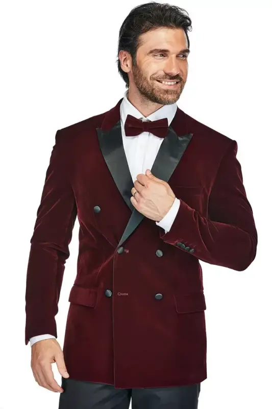 Men's 2 Piece Double Breasted Velvet Birdseye Lapel Slim Fit Tuxedo-Burgundy - 2