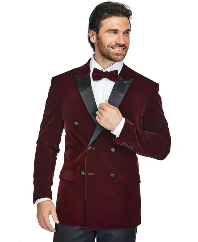 Men's 2 Piece Double Breasted Velvet Birdseye Lapel Slim Fit Tuxedo-Burgundy - 4